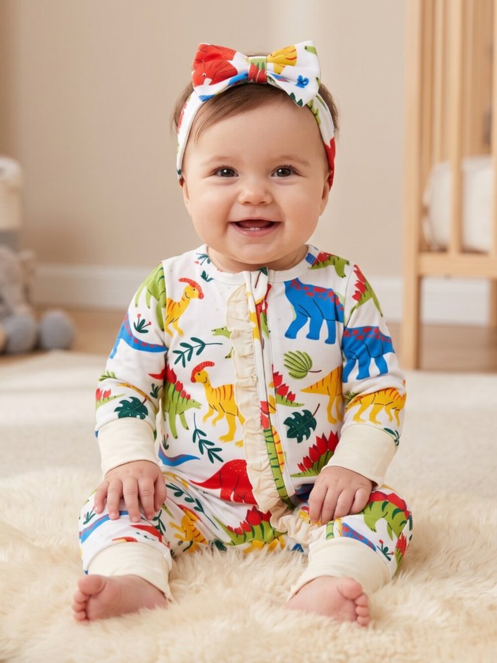 NWT | PatPat Girls Colorful Dinosaur Ruffle Bamboo Onesie & Headband Set | 6-9M